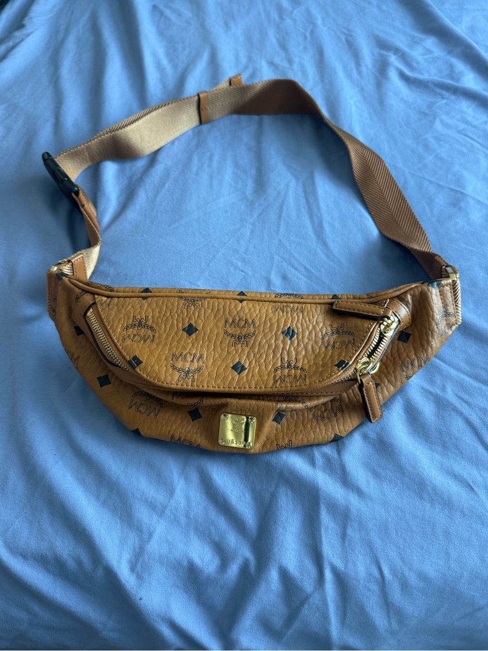 MCM Cognac Logo Visetos Waist Belt Bag with Gold Hardware